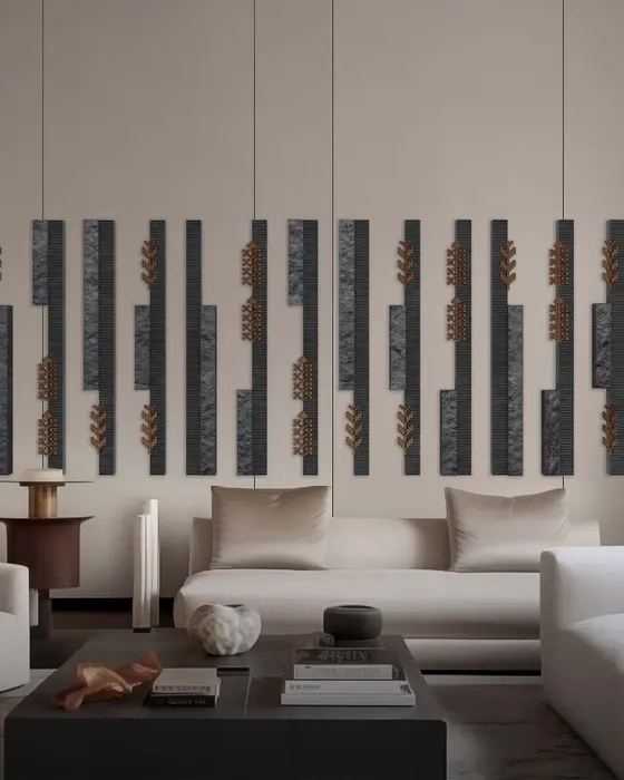 Embroidered Basalt Stems, Basalt with copper inlay, Fluted and rough-split bars with embroidery motifs finish