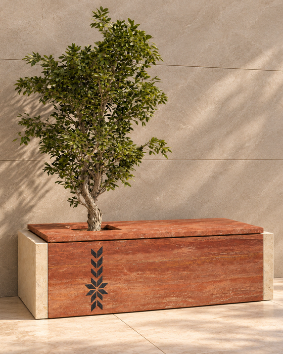 Terracotta Rectangular Planter with Botanical Motif, Veined terracotta-toned panels with dark botanical detailing finish
