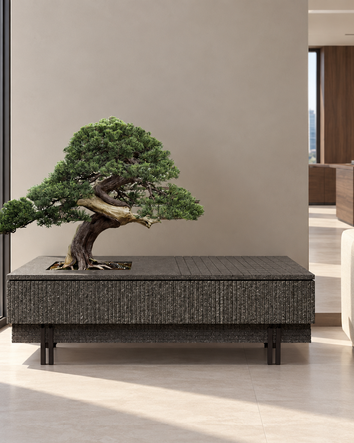 Fluted Basalt Bonsai Planter Table — Full view