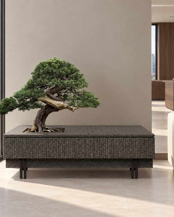 Fluted Basalt Bonsai Planter Table, Basalt with metal legs, Rough-fluted sides with a grooved top finish