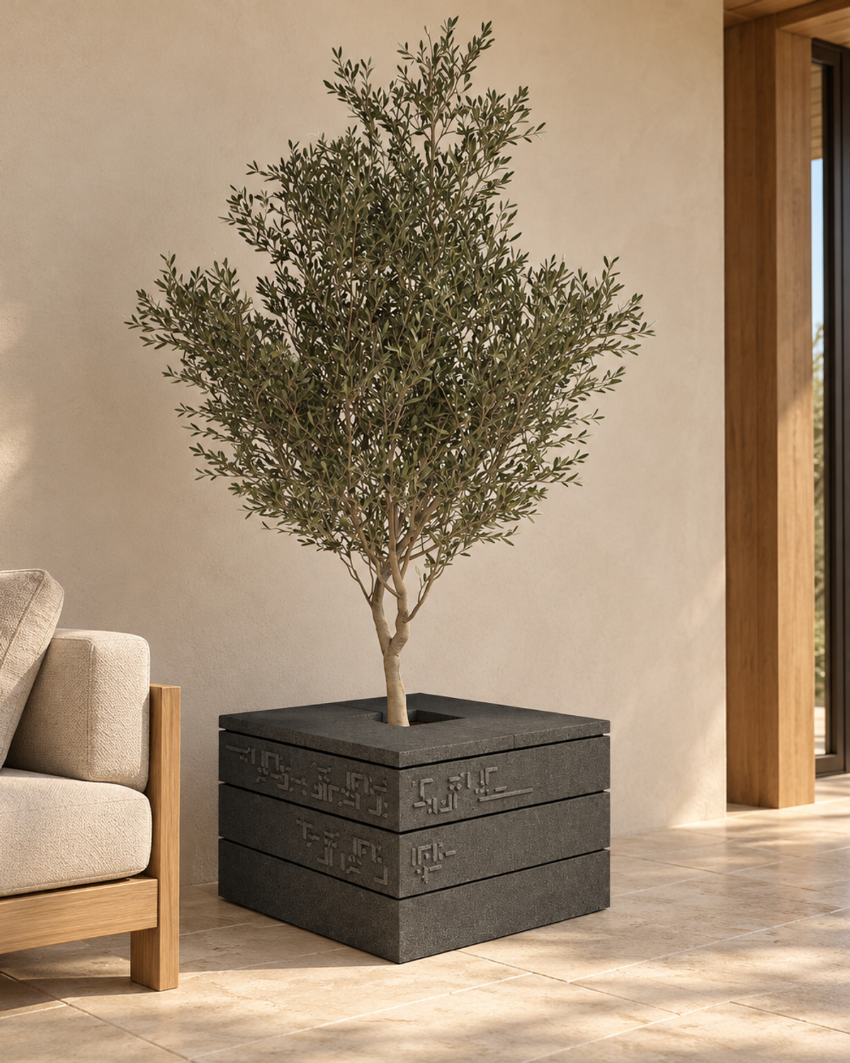 Layered Basalt Kufic Planter — Full view