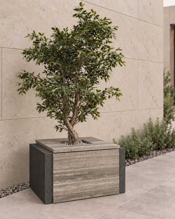 Grey Strata Planter with Charcoal Sides, Horizontally banded panels with textured charcoal sides finish