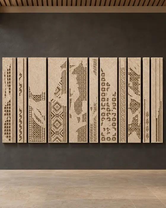 Embroidered Travertine Panel Set, Travertine, Deep-carved embroidery patterns on varied-width panels finish