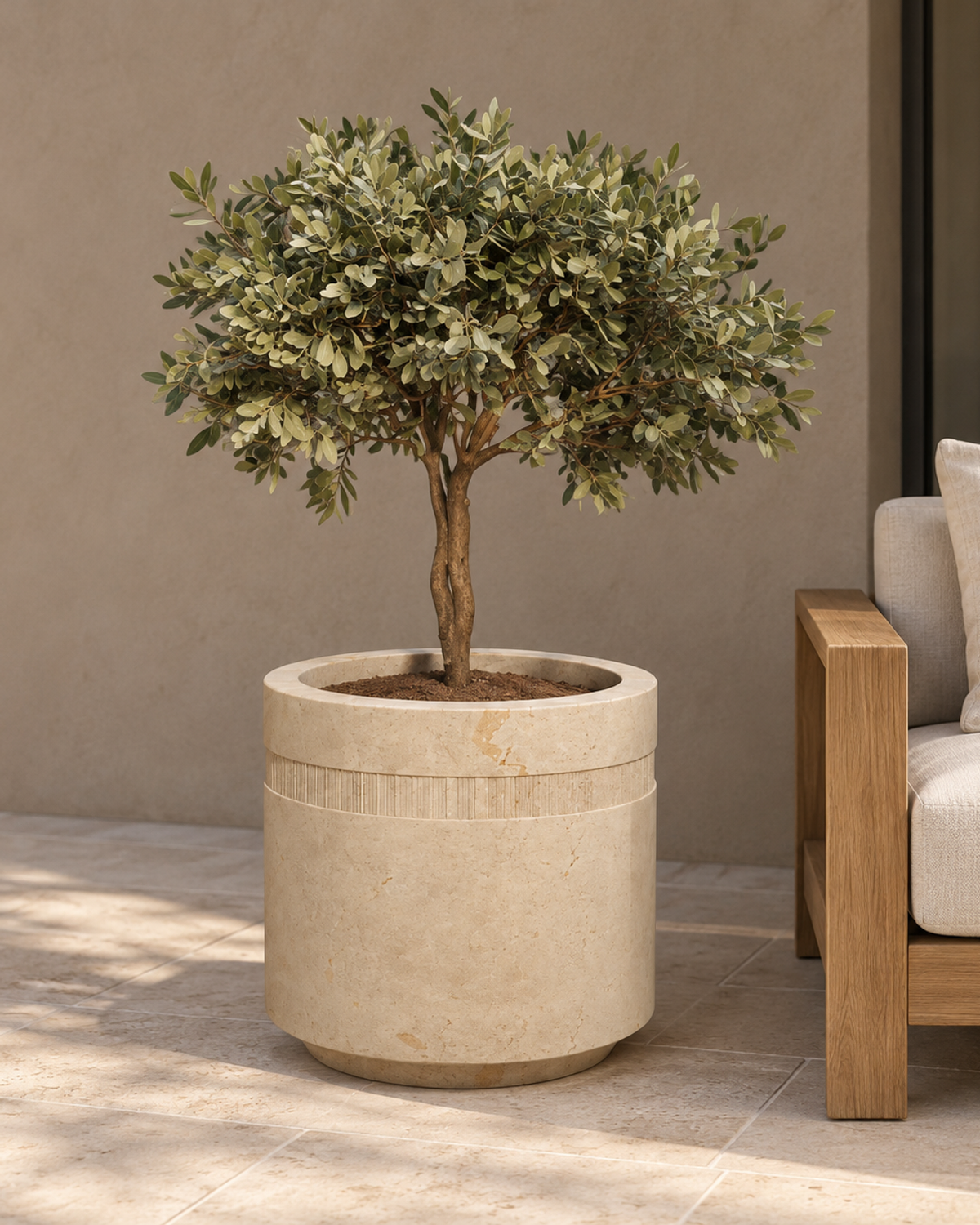 Tonal Fluted Band Limestone Drum Planter — Full view