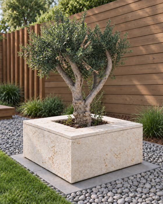 Textured Coral Limestone Square Planter, Coral limestone, Natural textured body with a honed rim finish