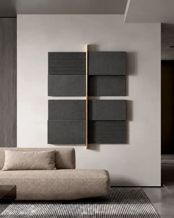 Brass Spine Basalt Panels, Dark basalt with brass, Smooth and fluted stepped blocks divided by a brass spine finish