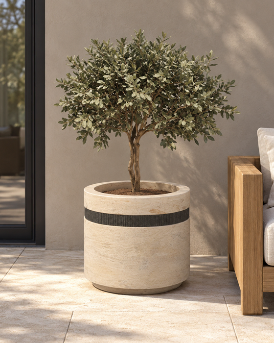 Single-Band Travertine Drum Planter, Travertine with basalt, Honed body with a fluted basalt band finish