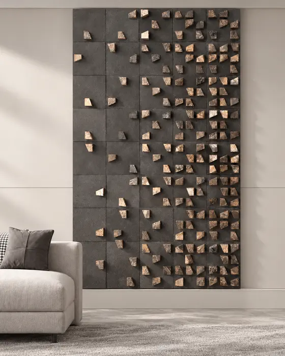 Scattered Fragments Stone Wall, Dark basalt with marble fragments, Honed tiles with raised split-face marble pieces finish