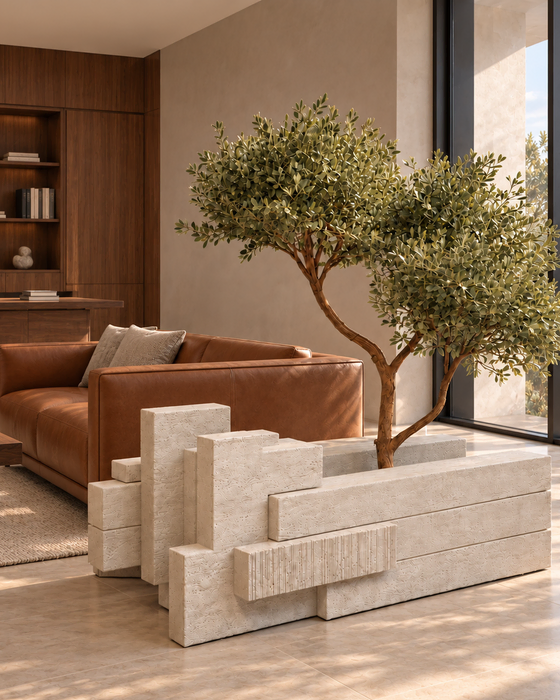 Ivory Interlocking Slab Planter, Textured overlapping slabs with a ribbed accent finish