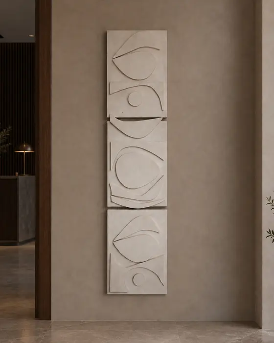 Organic Form Relief Triptych, Pale limestone, Layered relief of soft curves and circles finish