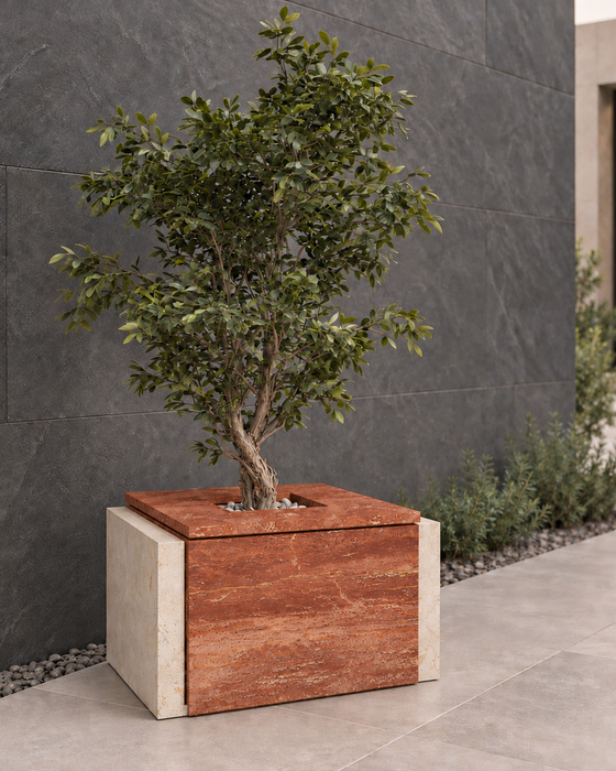 Terracotta Square Planter with Ivory Sides, Veined terracotta-toned panels with pale side blocks finish
