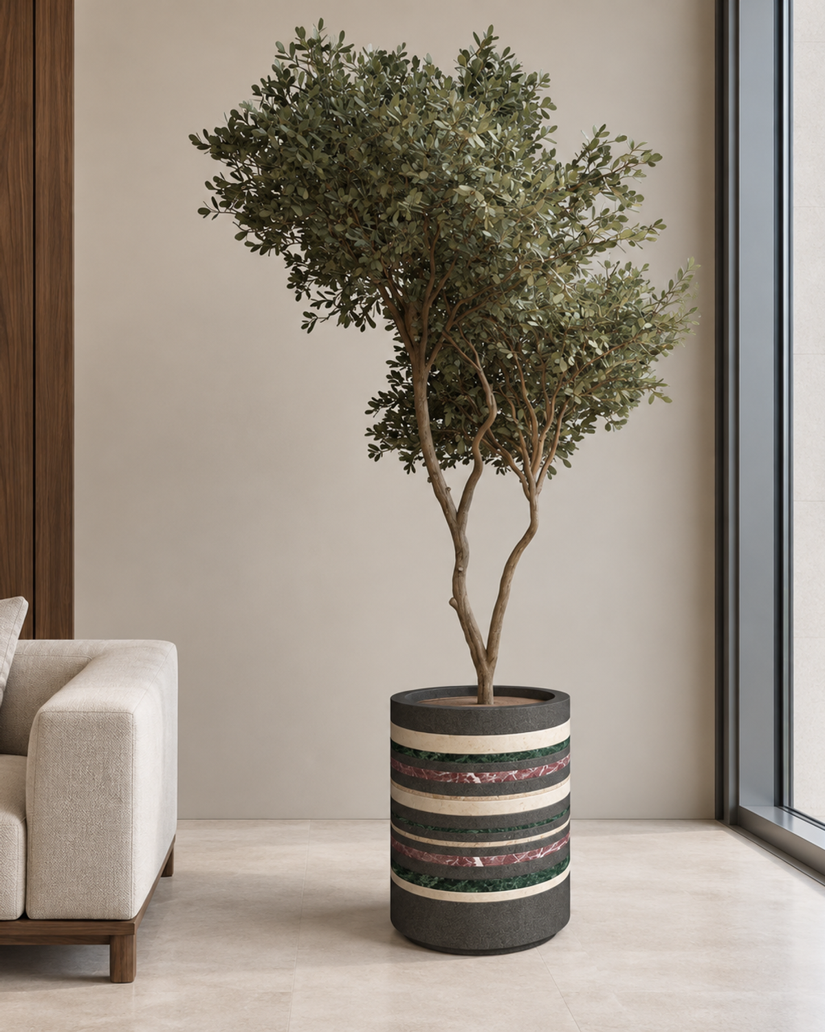 Basalt Marble-Inlay Column Planter — Full view