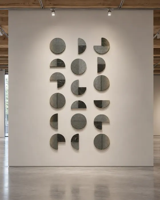 Lunar Phases Stone Wall Set, Grey basalt and black veined marble, Fluted and honed circles, halves and quarters finish