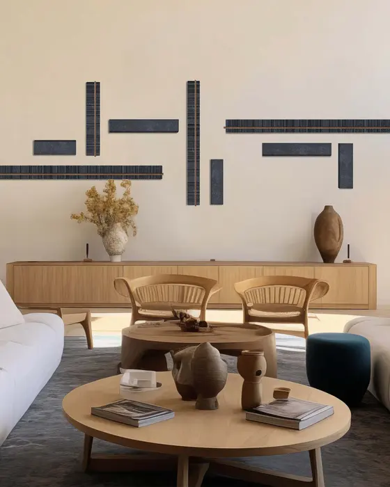 Linear Basalt Wall Installation, Dark basalt with bronze inlay, Fluted and honed bars with fine bronze lines finish