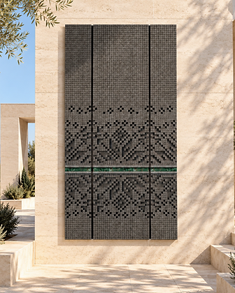Exterior wall art of five geometric stone, wood, and metal panels mounted on a light beige wall overlooking a courtyard pool