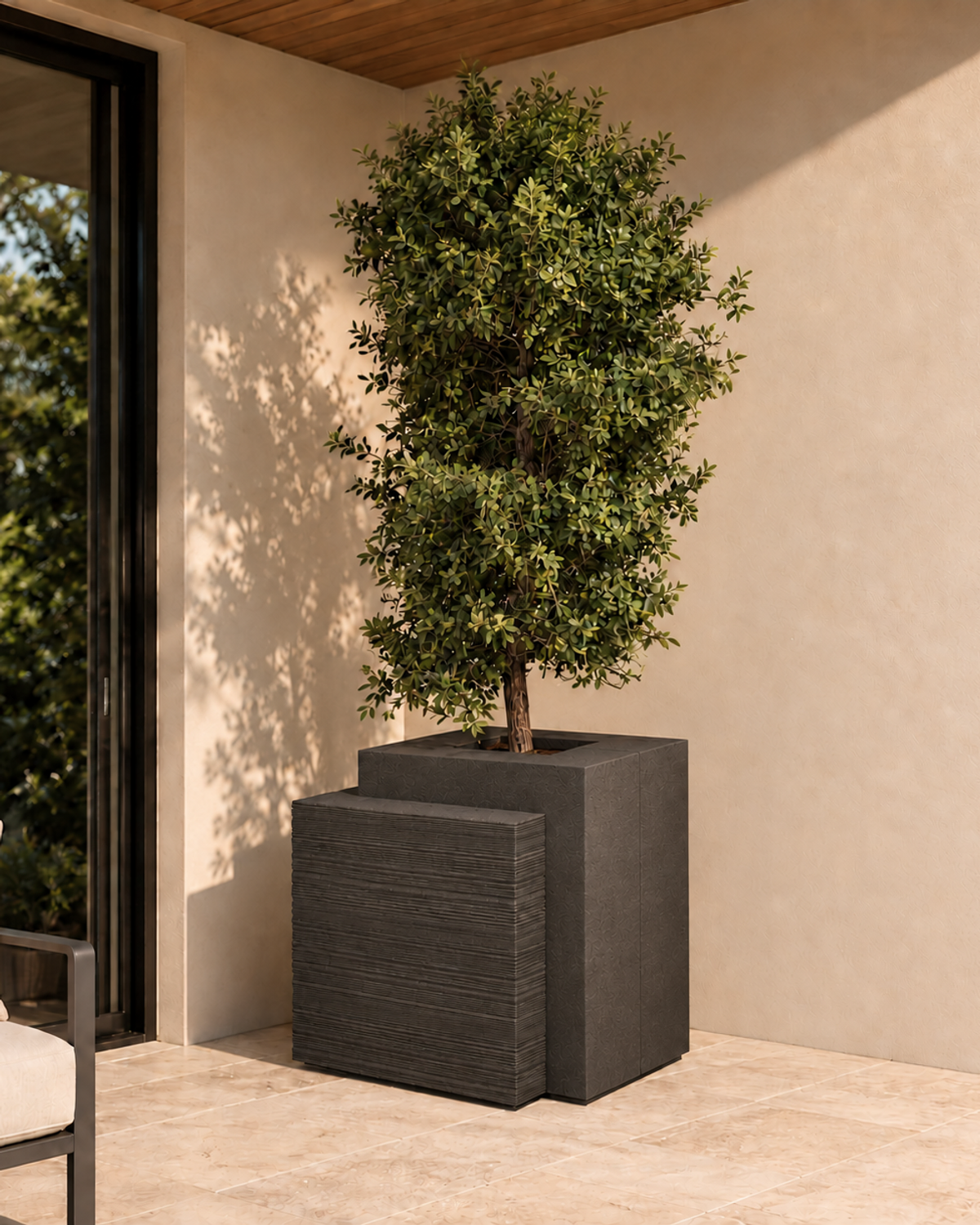 Offset Charcoal Ribbed Planter — Full view