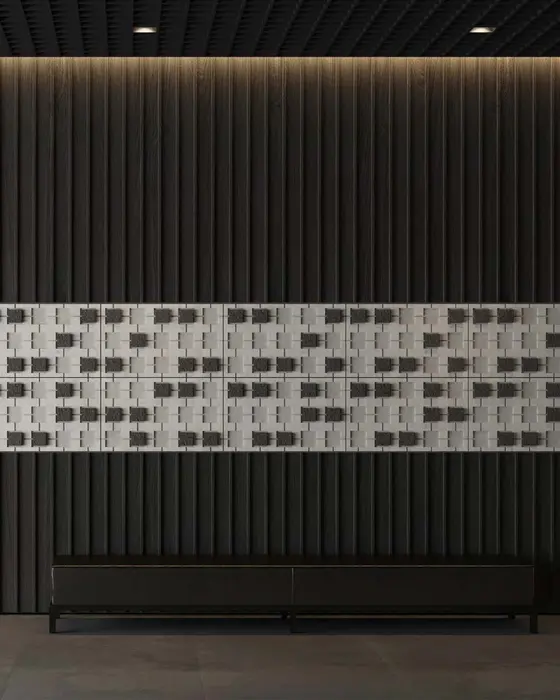 Lattice Relief Wall Band, Pale limestone with black basalt blocks, Grid relief with raised textured basalt squares finish
