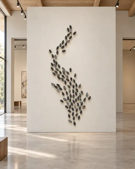 Drifting Leaves Wall Installation, Black basalt and grey granite, Individually cut leaf forms in honed and natural finishes finish