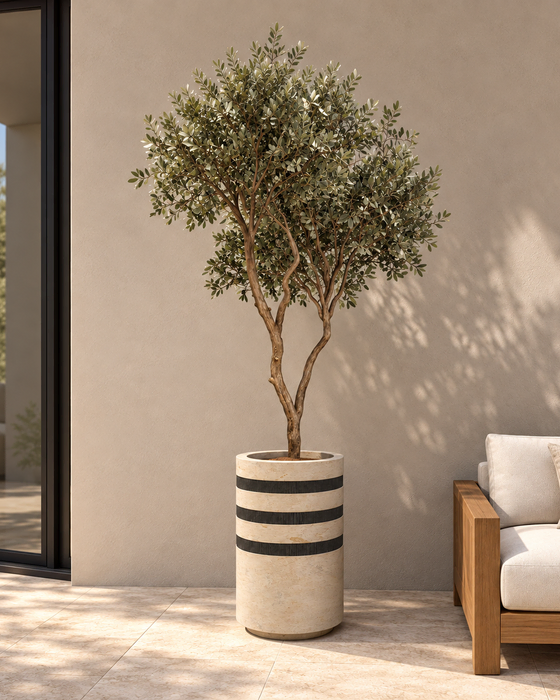 Triple-Band Travertine Column Planter, Travertine with basalt, Honed body with three fluted basalt bands finish