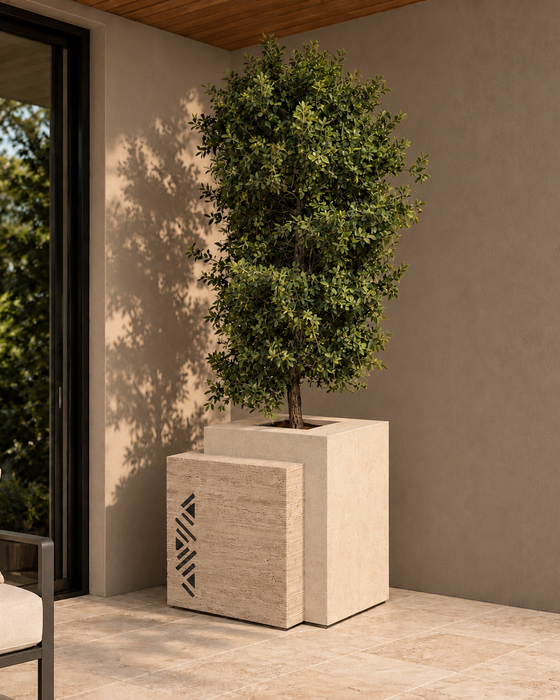 Offset Ivory Planter with Dark Geometric Motifs, Textured front panel with dark geometric detailing finish