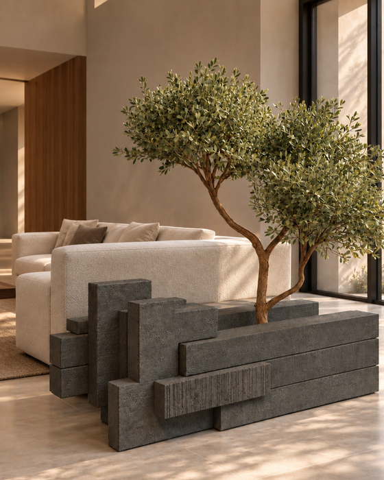 Charcoal Interlocking Slab Planter, Textured charcoal surfaces with a ribbed projecting panel finish