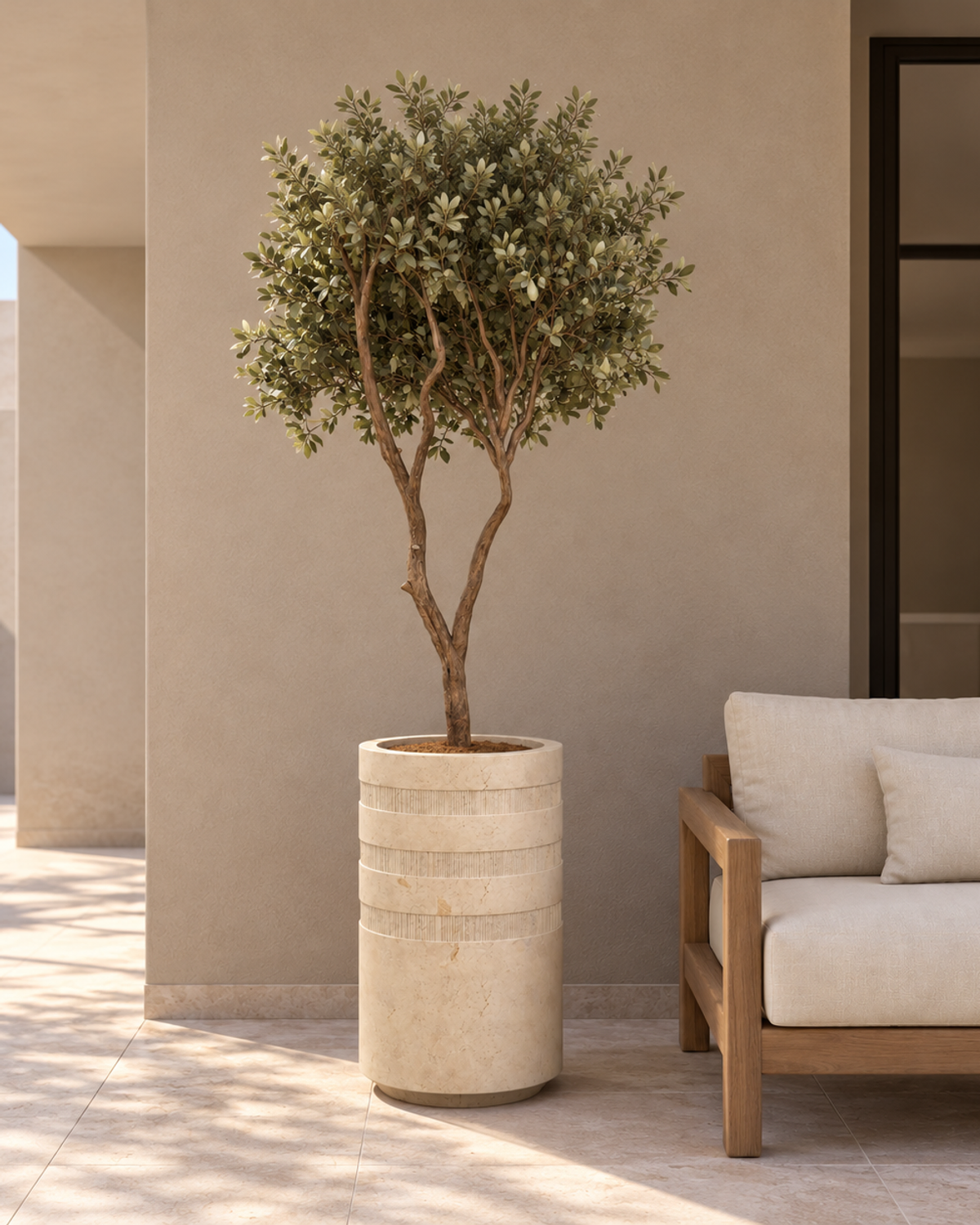 Tone-on-Tone Fluted Limestone Planter — Full view