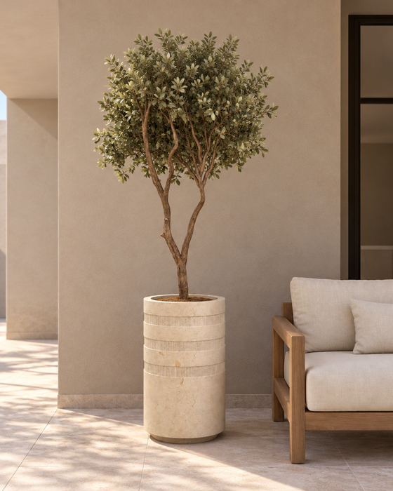 Tone-on-Tone Fluted Limestone Planter, Cream limestone, Honed body with fluted tonal bands finish