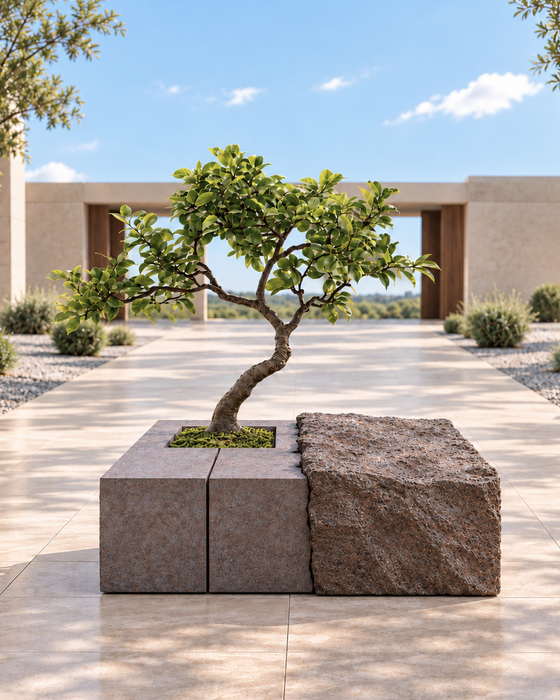 Rose Block Planter with Rough-Hewn Panel, Rose-toned geometric blocks with a rough-hewn panel finish
