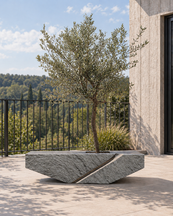 Grey Faceted Planter with Diagonal Accent, Textured grey surface with a diagonal recessed accent finish
