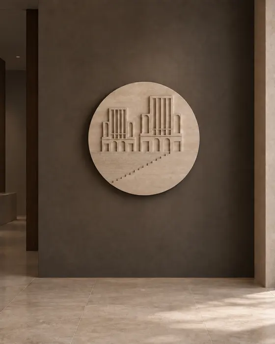 Arcade Skyline Stone Roundel, Travertine, Carved architectural relief with fluted stepped base finish