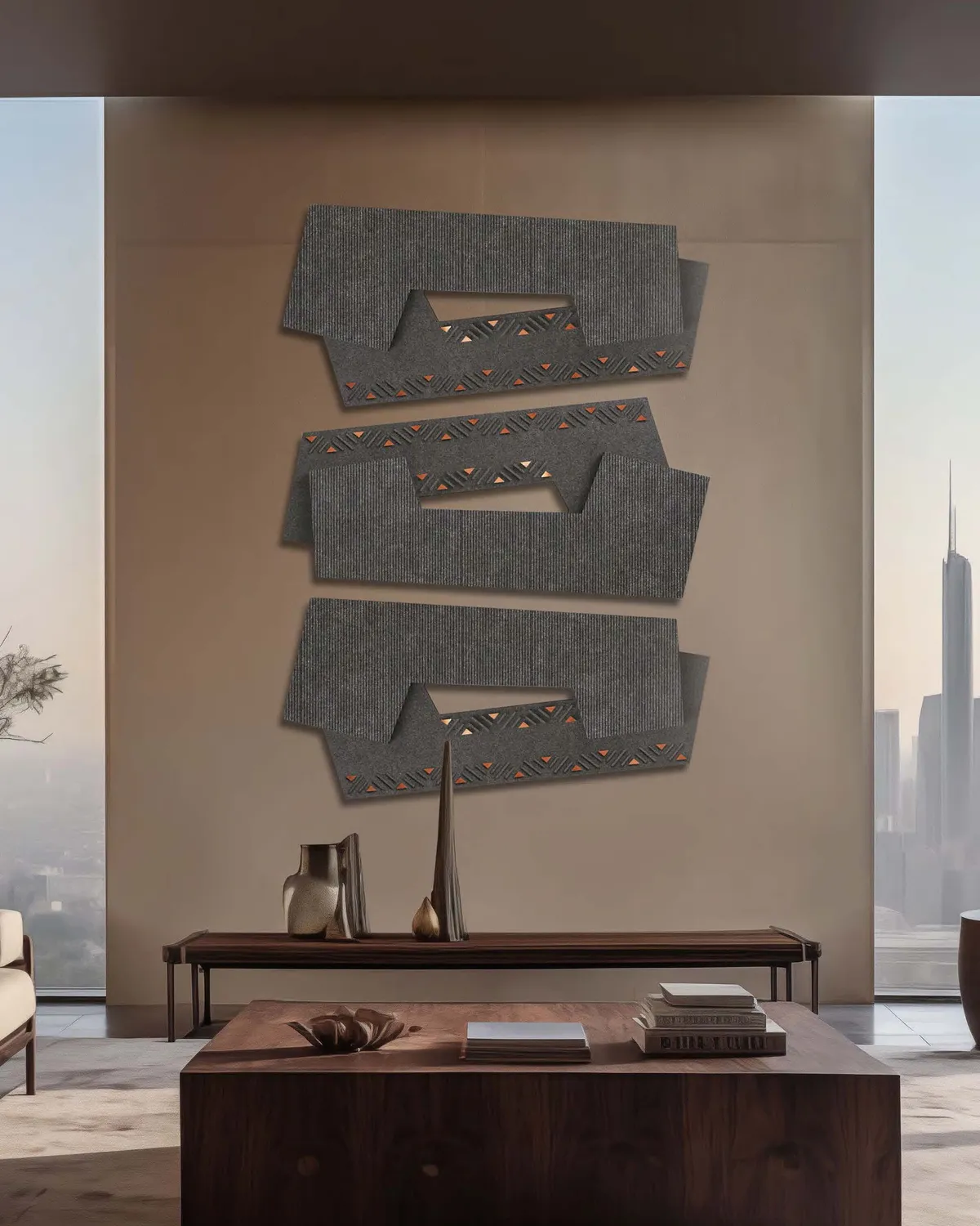 Interlocking Basalt Forms with Copper — Full view