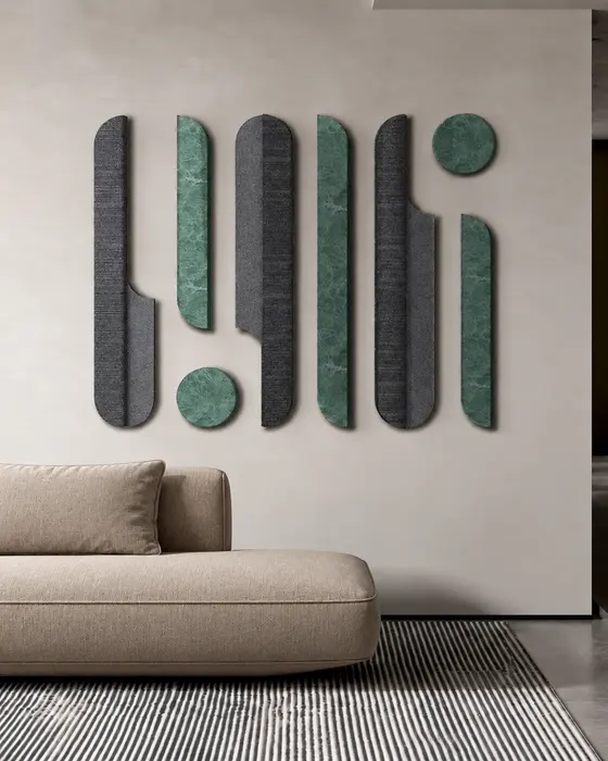Calligraphy Forms in Basalt and Green Marble, Basalt and green marble, Brushed and honed rounded forms finish
