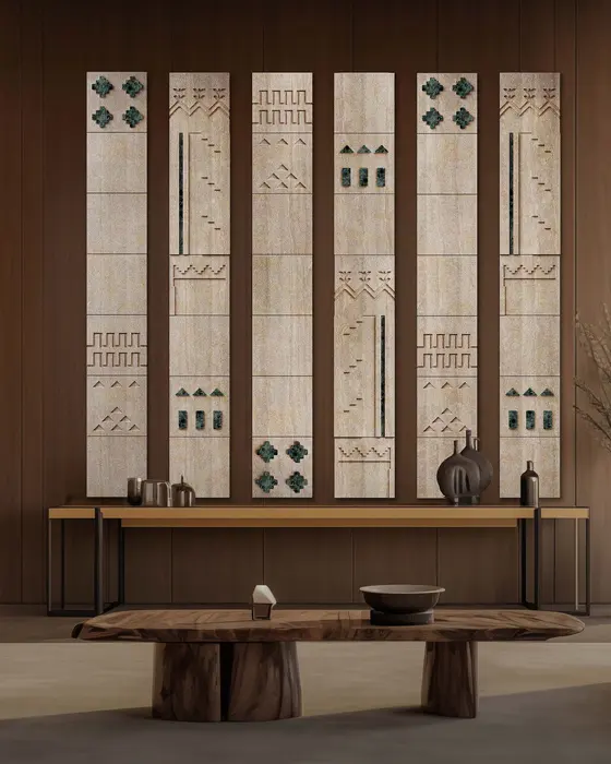 Heritage Motif Stone Panels, Travertine with green marble inlay, Carved geometric motifs with inlaid green marble accents finish