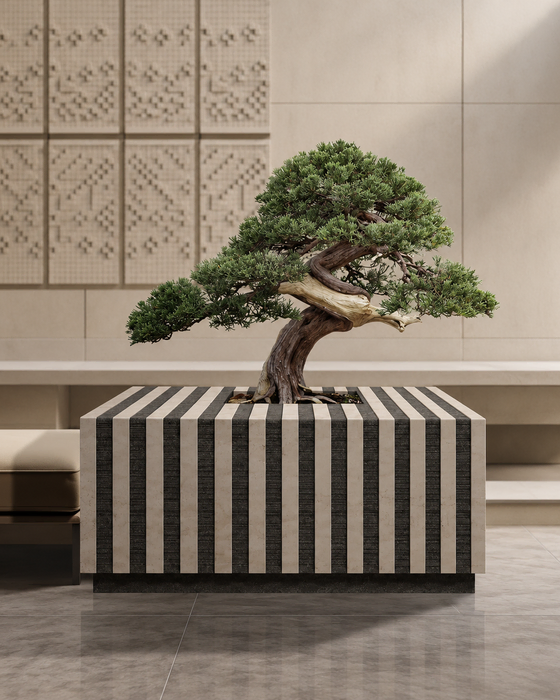 Striped Travertine and Basalt Bonsai Planter, Travertine with basalt, Alternating vertical stripes on a recessed basalt plinth finish