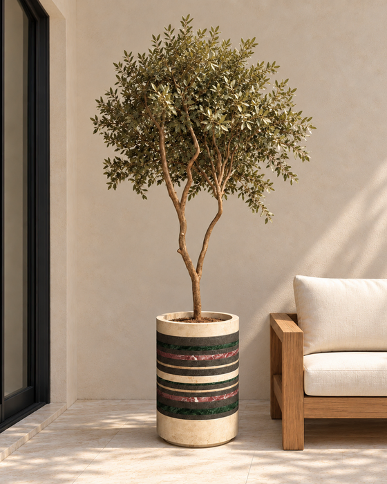 Banded Marble Inlay Column Planter, Travertine with basalt, green and red marble, Horizontal inlaid bands finish