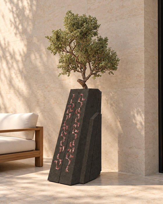 Dark Tower Planter with Red Geometric Inlay, Faceted profile with red geometric detailing finish