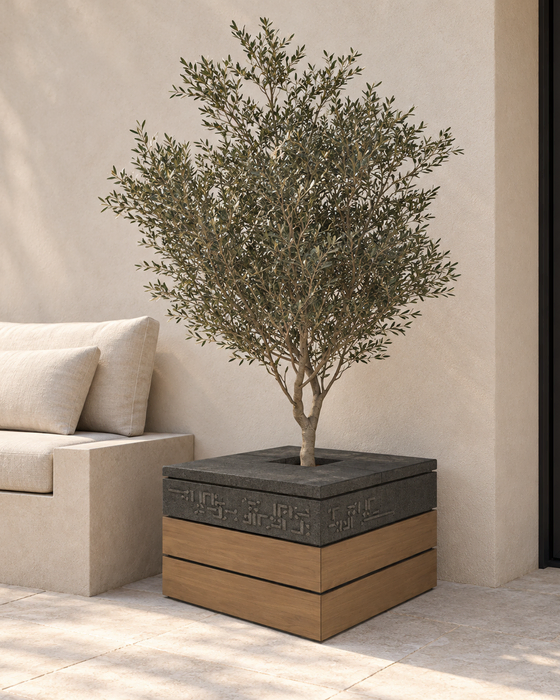 Layered Stone and Wood Kufic Planter, Layered panels with calligraphic relief finish
