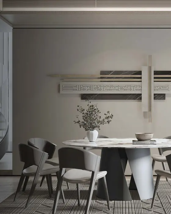Kufic Layered Wall Composition, Grey limestone, dark marble and brass, Carved square Kufic calligraphy with layered stone and brass bars finish