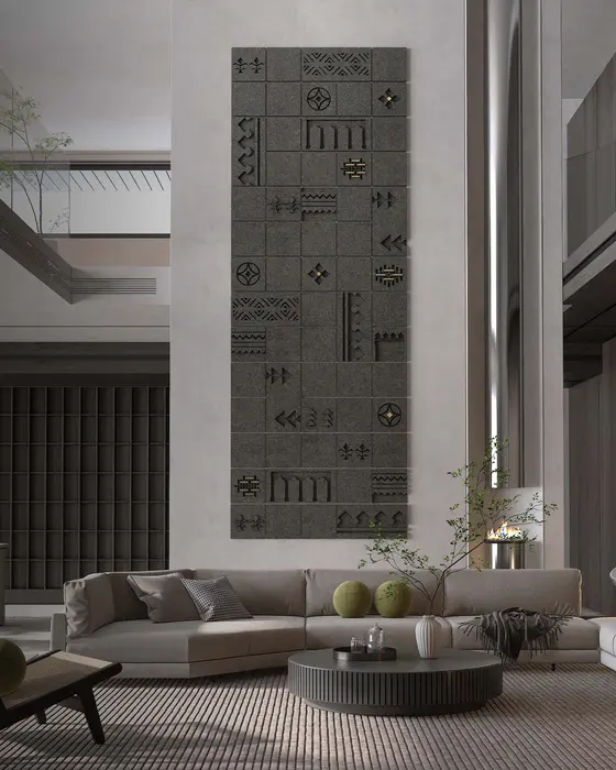 Heritage Symbols Basalt Wall, Dark basalt with brass inlay, Carved traditional symbols with brass details finish