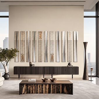 Vertical stone wall art with golden patterned details in a light-filled living room