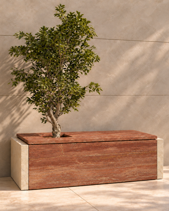 Terracotta Rectangular Planter with Ivory Ends, Veined panels with contrasting pale ends finish