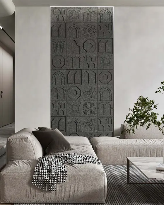 Andalusian Motif Basalt Wall, Dark basalt, Square tiles carved with arches, stars and octagons finish