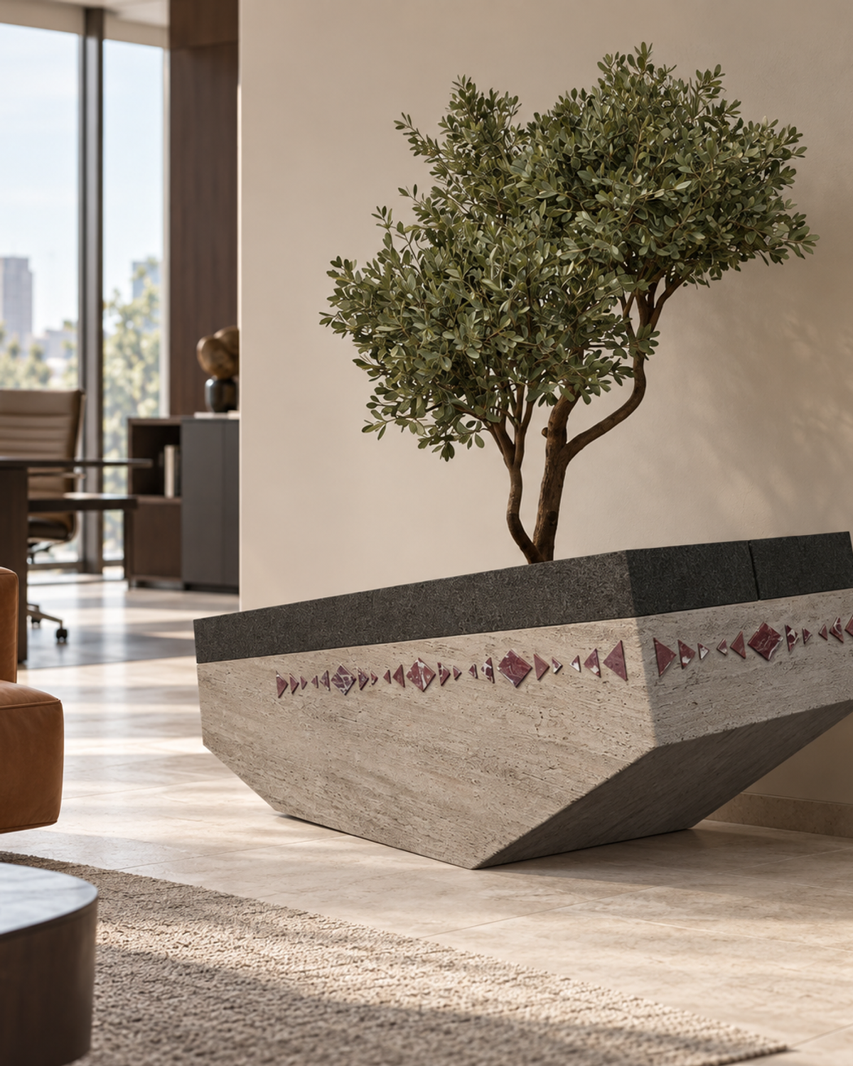 Faceted Travertine Planter with Red Marble Inlay — Full view