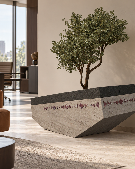 Faceted Travertine Planter with Red Marble Inlay, Travertine with basalt and red marble, Angular form with a basalt cap and geometric inlay finish