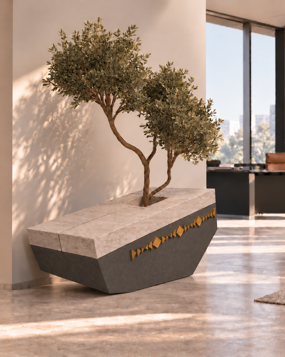 Faceted Basalt Planter with Brass Inlay, Basalt with travertine and brass, Angular form with a travertine cap and geometric brass inlay finish