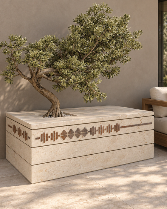 Layered Limestone Planter with Geometric Inlay, Cream limestone with rust-tone stone, Stacked honed courses with inlaid motif band finish