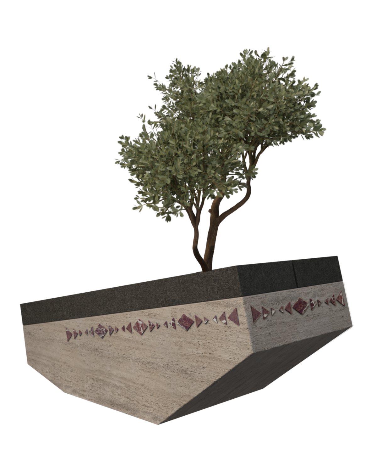 Faceted Travertine Planter with Red Marble Inlay — View 2