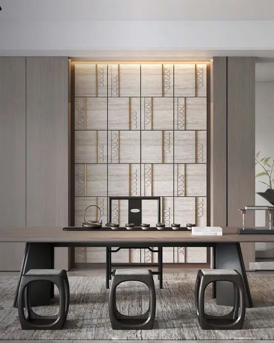 Brass Line Travertine Tiles, Silver travertine with brass inlay, Fine-ribbed surface with raised chevrons and a brass line finish