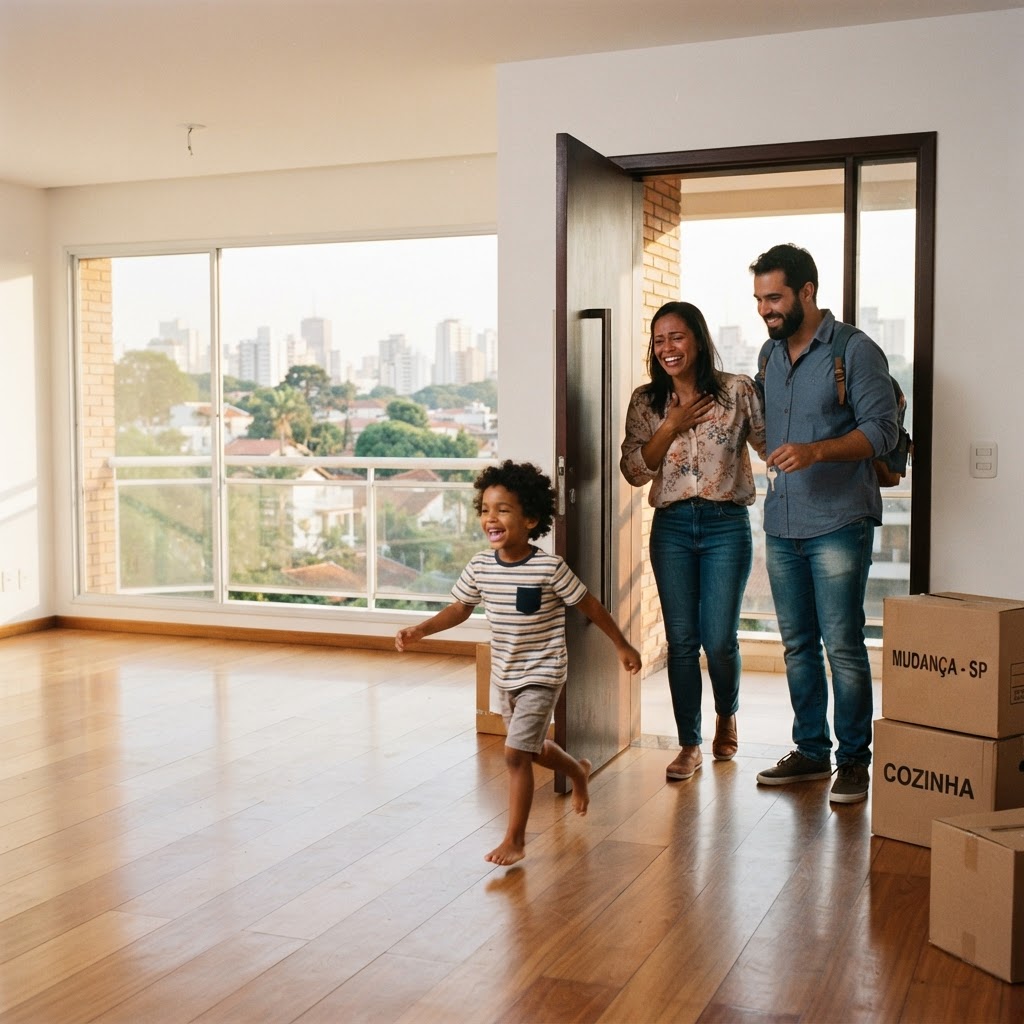 Família entrando em sua nova casa pela primeira vez, com emoção e alívio