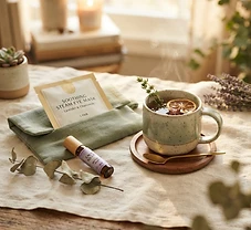 Cozy sound bath bundle with eye mask, roller, and tea